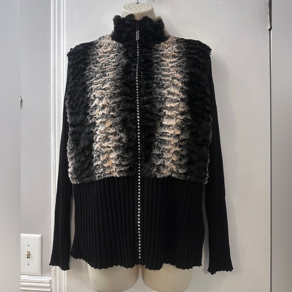 Fontana Women’s Size Large Black Faux Fur Knit Jacket with Rhinestone Zipper - Picture 2 of 11